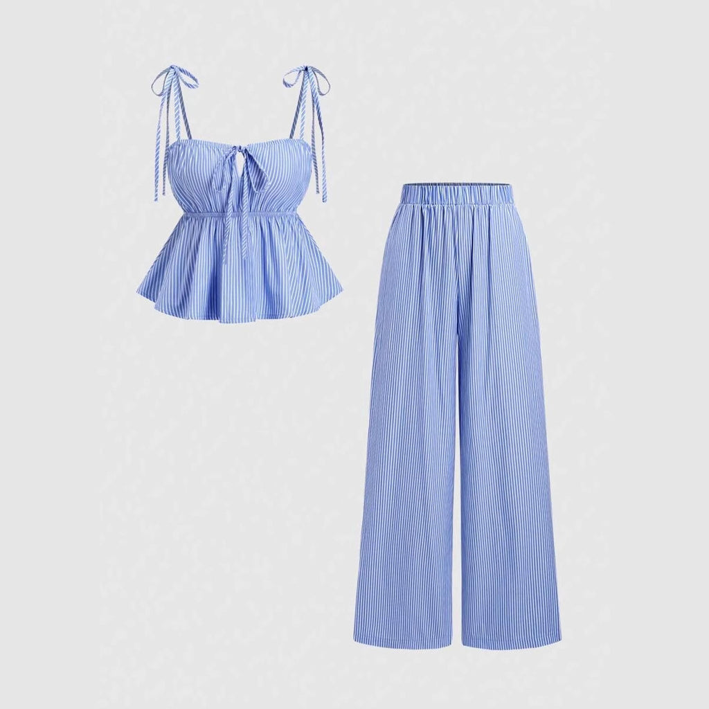 Women's Blue Vertical Striped Wide Leg Pants