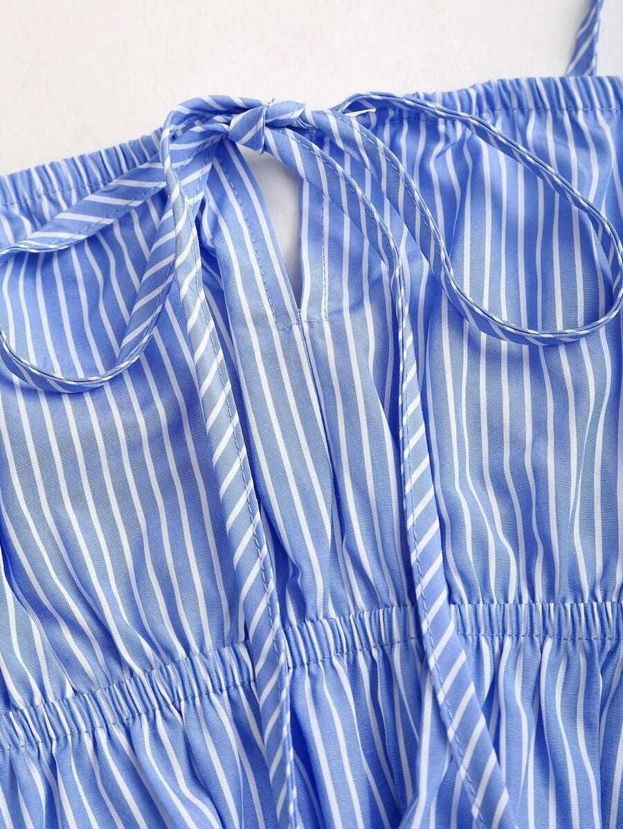 Women's Blue Vertical Striped Wide Leg Pants