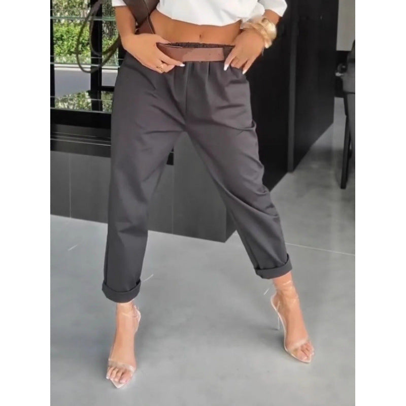 New Womens Solid-color Pocketed Slim-fit Versatile Casual Pants